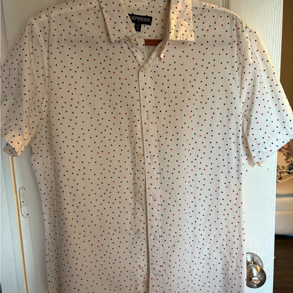 Express White and Red Casual Button Down Shirt